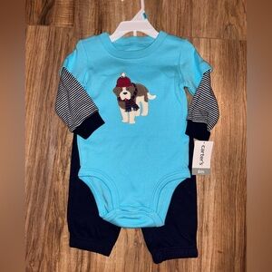 NEW WITH TAGS Carter's Light Blue Baby One-Piece with Puppy Appliqué & Pants 6m